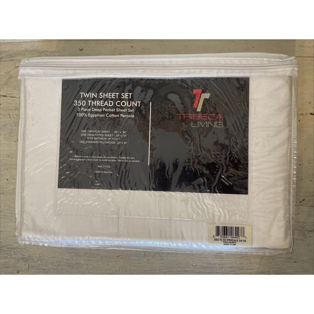 Tribeca Living White Twin Sheet Set Deep Pocket 100% Egyptian Cotton Percale New